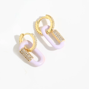 Detail of gold chain hoop earrings with lavender enamel finish and sparkling zircons