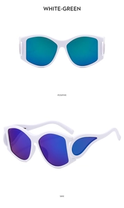 Front and side views of stylish Y2K oversized sunglasses with white frames and gradient lenses
