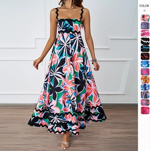 Women's Floral Print Cami Maxi Dress Wavy Trim Scalloped Smocking Back High Waist A-Line Summer Vacation Sexy Beach Dress
