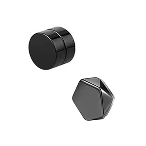 Polished black titanium steel magnetic clip-on earrings in round and pentagonal shapes