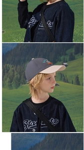 Detail of color-block kids baseball cap and denim jacket with white embroidery