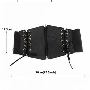 Detail of a 11.5cm wide black corset belt with metal zipper and lace-up eyelets