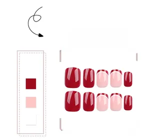 Short square press-on nails set in deep red and pink French tip glossy finish