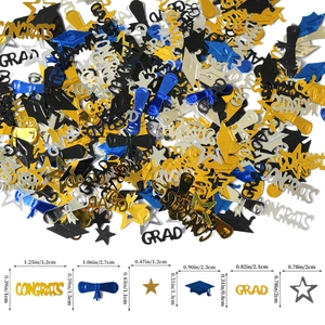 Blue and gold graduation confetti showing congrats letters, caps, stars and detailed dimensions