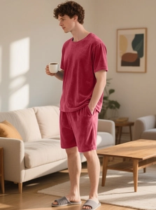 Deep red men's lounge set featuring soft knit short sleeve T-shirt and matching shorts