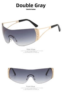 Detailansicht der randlosen Y2K Sonnenbrille mit grauen Gläsern und diamantbesetzten Bügeln