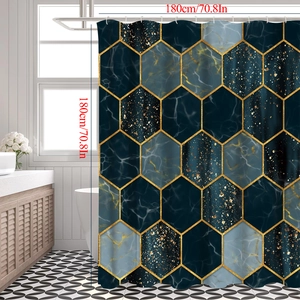 Dettaglio della tenda da doccia impermeabile 180x180cm marmo blu e nido d'ape oro