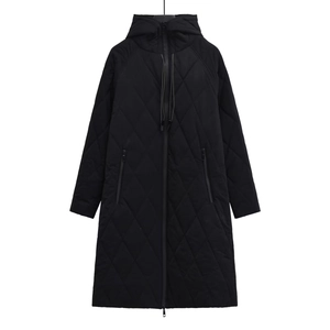 Women's long black hooded quilted coat with diamond patterns and zipper pockets