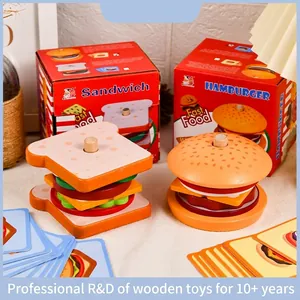 Wooden Simulation Food Toys Hamburger Sandwich French Fries Stacking Play House Kitchen Game Educational Montessori Kids