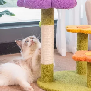 Floral cat climbing frame with sisal posts and plush platforms for indoor cats