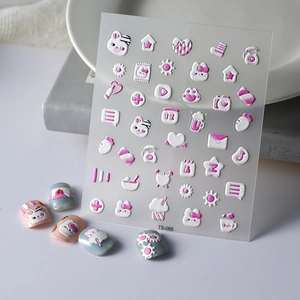 Nail Stickers 5D Embossed Cute Rabbit Heart Design 3D Relief Self Adhesive Waterproof Cartoon Manicure Decoration