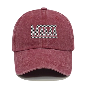 Close-up of wine red washed cotton baseball cap with MAMA checkerboard print lettering