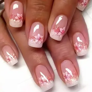 French Press On Nails Gradient Pink Cherry Blossom Shimmer Square Detachable DIY Manicure For Women ABS