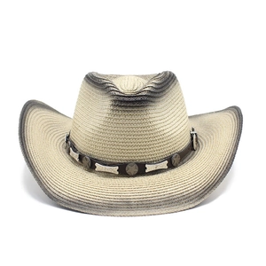 Men's western straw cowboy hat in beige with star-studded brown leather band and sun brim