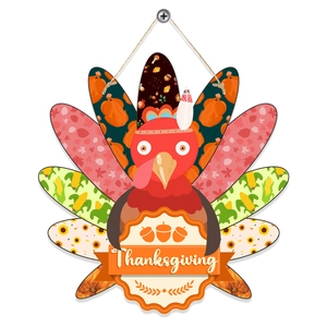 Hanging turkey sign with pumpkin and sunflower designs for Thanksgiving party wall decor