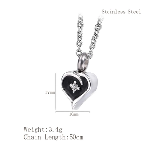 Polished heart cremation urn necklace in stainless steel with crystal and size specs