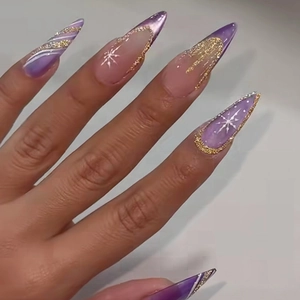 Purple Snowflake Press On Nails Long Stiletto ABS Plastic French Gold Glitter Winter Manicure Accessory For Women