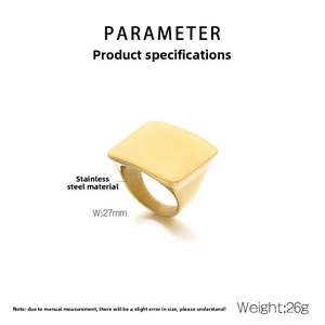 Detailed specs showing the 27mm width and 26g weight of this gold square titanium ring
