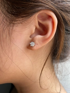 Close-up of a classic six-prong stud earring featuring a brilliant-cut round moissanite