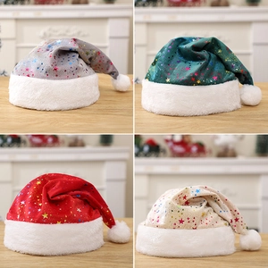 Plush Christmas hats with colorful gold-stamping stars in red, green, silver, and beige
