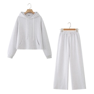 Women Cotton Blend Hoodie And Wide Leg Pants Raw Hem Heather Grey Casual Streetwear Lounge Tracksuit