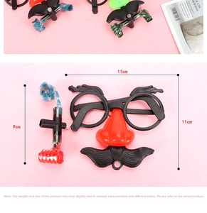Funny party glasses set featuring a red nose and mustache with colorful blower toy detail
