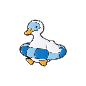 Cute white cartoon duck enamel pin with blue mask and striped swim ring accessory