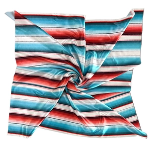 Colorful striped square silk scarf with red, blue and teal patterns on white background
