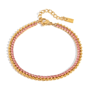 Detail of pink zircon gold-plated stainless steel bracelet with double-layer design