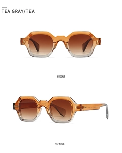 Detailed front and side view of vintage tea gray gradient sunglasses with hexagonal frame