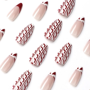French red tip and wine red geometric stiletto press-on nails set for Christmas