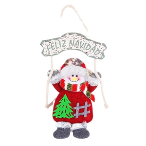 Plush snowman Christmas tree ornament with Feliz Navidad sign and red felt decorations