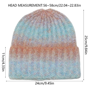 Size details of a tie-dye knit beanie with measurements for head circumference and height