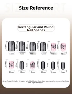 Size chart for black cat-eye squoval press-on nails with 12 specific measurements