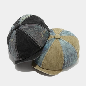 Vintage washed denim newsboy cap in distressed octagonal style for outdoor wear