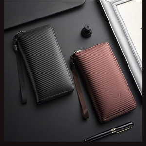 Detailed close-up of carbon fiber texture men's long wallets with a secure zipper closure