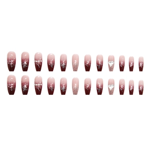 Long trapezoid press-on nails with wine red gradient, glitter, and silver heart charms