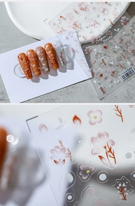 Macro detail of floral nail stickers with pink flowers and adhesive backing TS-1518
