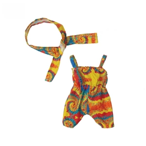 Close-up of 12-inch baby doll tie-dye outfit set with romper and matching headband