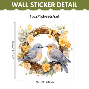 Détail de l'autocollant mural couronne de fleurs et colibris mesurant 30x30cm