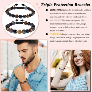 Close-up of 8mm faceted tiger eye and obsidian bead bracelets with adjustable cord