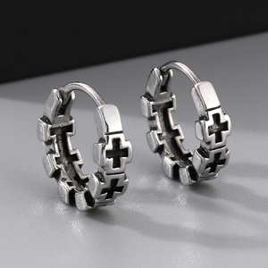Retro punk gothic cross engraved hoop earrings in matte silver stainless steel