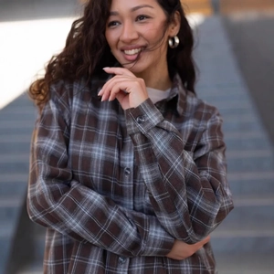 Women's vintage patchwork plaid shirt in dark brown and gray flannel with button-up front