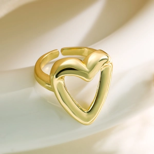 Minimalist gold hollow heart-shaped adjustable open ring with polished metal finish