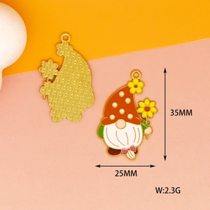 Enamel gnome pendant with flower showing front and back views with 35x25mm dimensions
