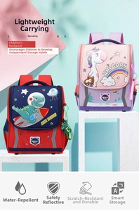 Close-up of waterproof cartoon backpacks with dinosaur and unicorn patterns in pink and red