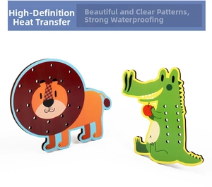 Detail of wooden threading toy with cartoon lion and crocodile for motor skills
