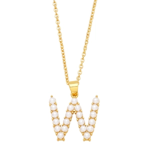 Detail view of a gold-tone capital letter W pendant set with elegant white pearls