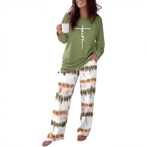 Women's Faith printed long sleeve top and tie-dye knitted pajama set for loungewear