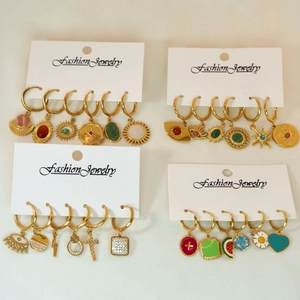 Gold stainless steel hoop earring set with colorful enamel sun and heart charms